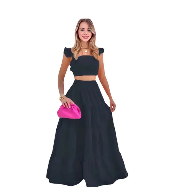 Solid Color Large Swing Skirt + Short Sleeved Square Neck Top (2pcs)