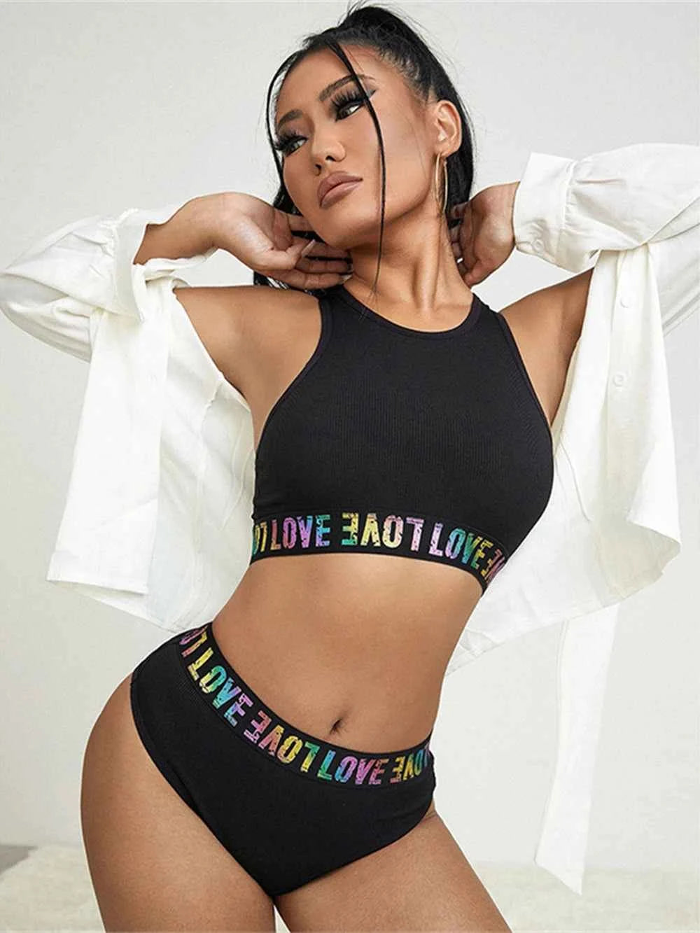 Love Letter Tank Crop Tops Gym Sport Bra  + Briefs Underwear Set ropa interior sexi mujer