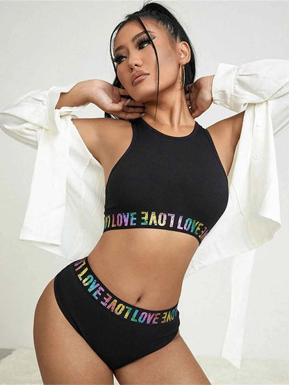 Love Letter Tank Crop Tops Gym Sport Bra  + Briefs Underwear Set ropa interior sexi mujer