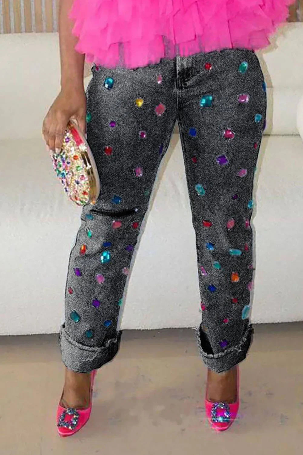 Yazmin Rhinestone Ripped High Street Vintage Y2K Denim Trousers Pants