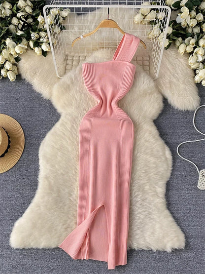 Single Shoulder Ink Knit Dress Backless Tank Striped Slim Bodycon Sundress Women Summer Beachwear Sexy Chic Vestidos