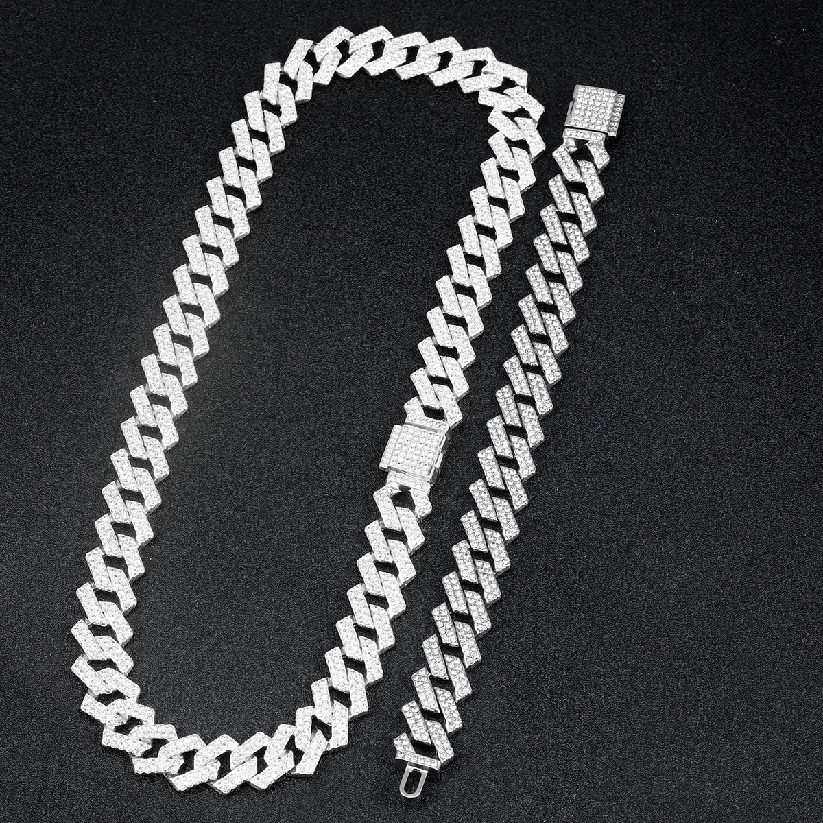 Punk Cuban Chain Stylish Sliver Cuban Chain+Bracelet 2-in-1 Set Personality Trend Street Style Jewelry Gift