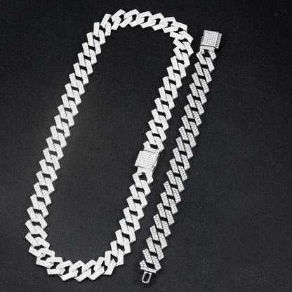 Punk Cuban Chain Stylish Sliver Cuban Chain+Bracelet 2-in-1 Set Personality Trend Street Style Jewelry Gift