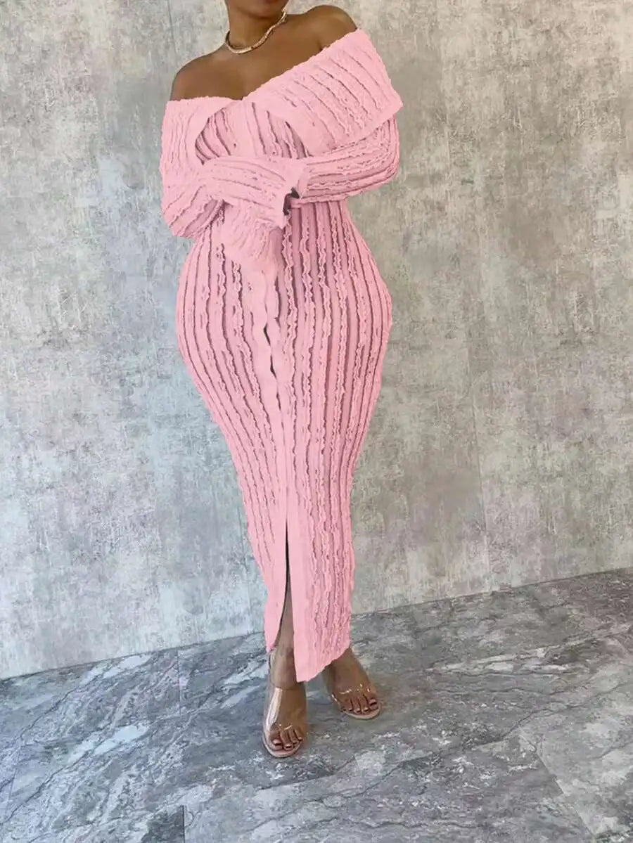 Pink Textured Off-Shoulder Knit Dresses with Front Split