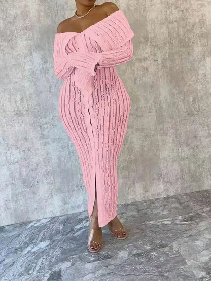 Pink Textured Off-Shoulder Knit Dresses with Front Split