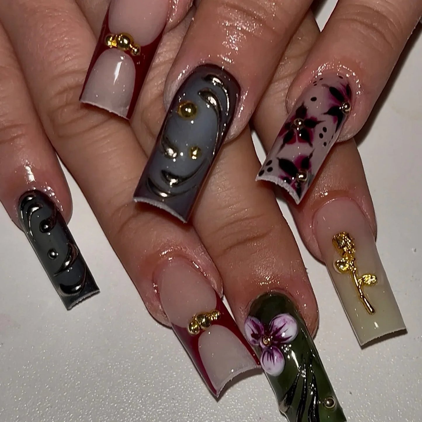 24Pcs Long Square Press on Nails Leopard Print French 3D Cherry Design False Nail Rhinestone Wearable Full Cover Fake Nails Tips