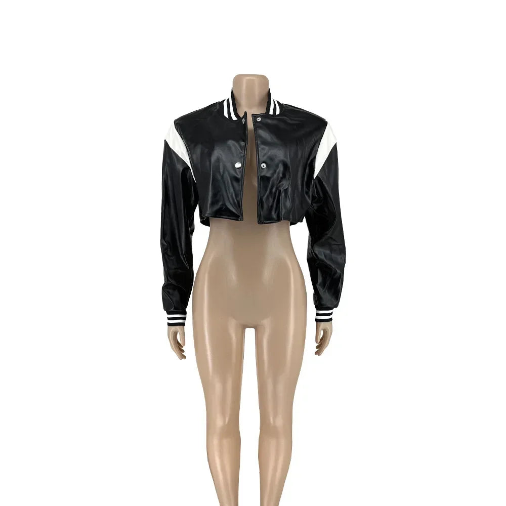 Kiki Button Up Cropped Patchwork Pu Leather Jacket