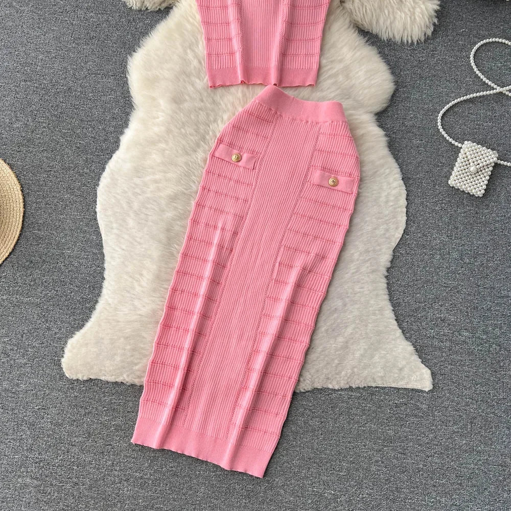 Knitted 2 Pcs. Buttons Crop Top Tanks + Slit Midi Skirt Set