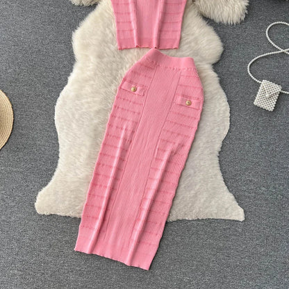 Knitted 2 Pcs. Buttons Crop Top Tanks + Slit Midi Skirt Set