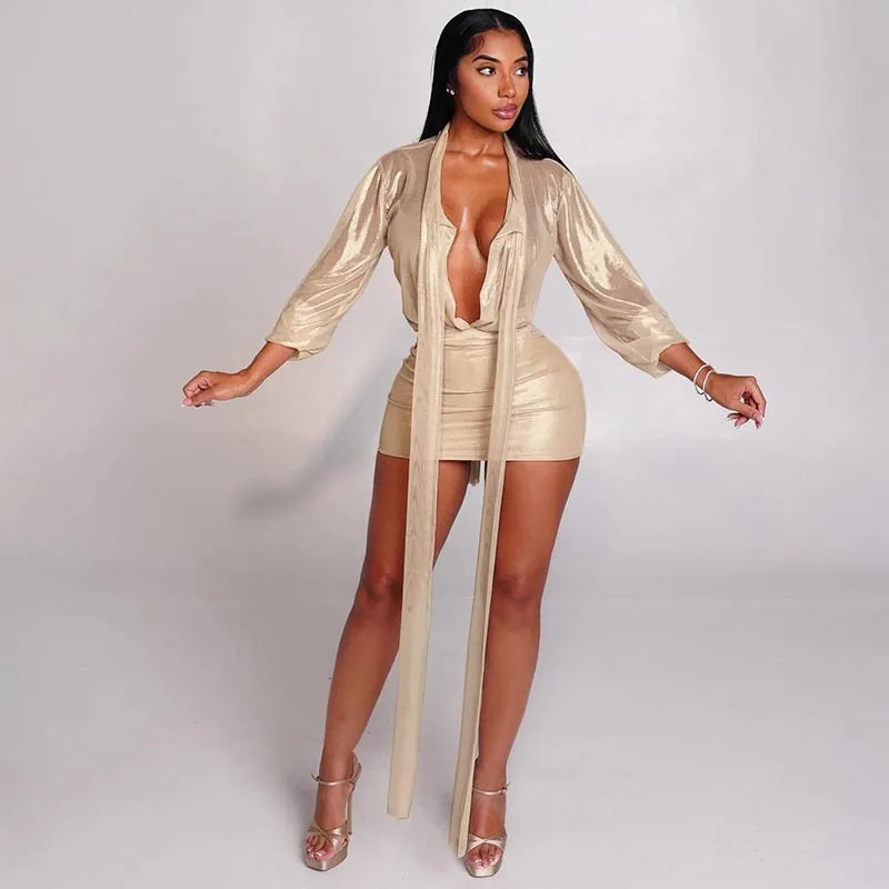 Tassel Patchwork 2 Piece Sets Women Outfit See Through Long Sleeve Crop Top + Skirt Suits Female Streetwear New