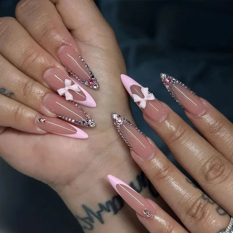 24Pc Long Stiletto Press on Nails Cherry Pink French False Nails with 3D Bow Pearls Design Detachable Acrylic Fake Nail Art Tips