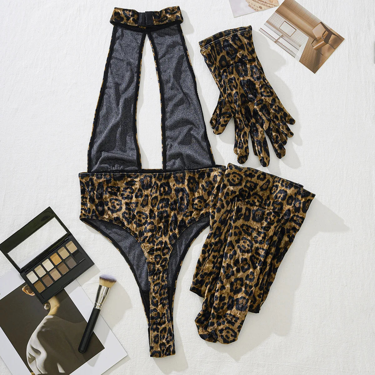 Leopard Print Bodysuit + Gloves + Leggings Backless Deep V Suspenders Sleeveless Bodysuits Thin 3X4C