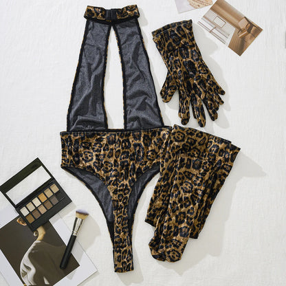 Leopard Print Bodysuit + Gloves + Leggings Backless Deep V Suspenders Sleeveless Bodysuits Thin 3X4C