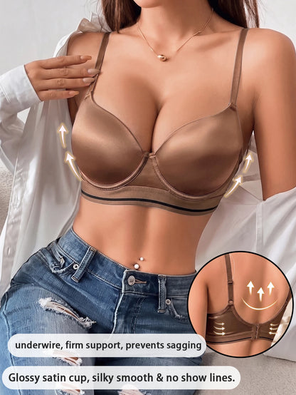 Underwire Push-Up Bra Glossy Satin U-Back Support Adjustable Straps Anti-Sagging Everyday Lingerie