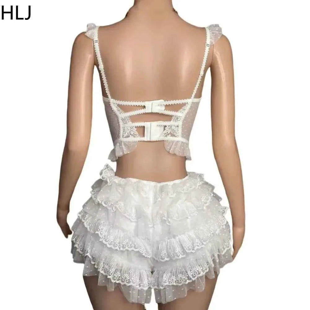 Sheer Thin Strap Tank Top + Ruffle Shorts Outfit