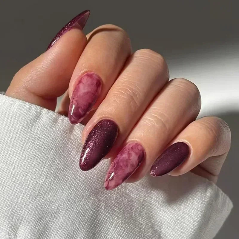 24Pcs Autumn Winter Matte Almond False Nails with Glue Rose Leaf Printing Nail Art Simple Full Cover Press on Acrylic Nails Tips