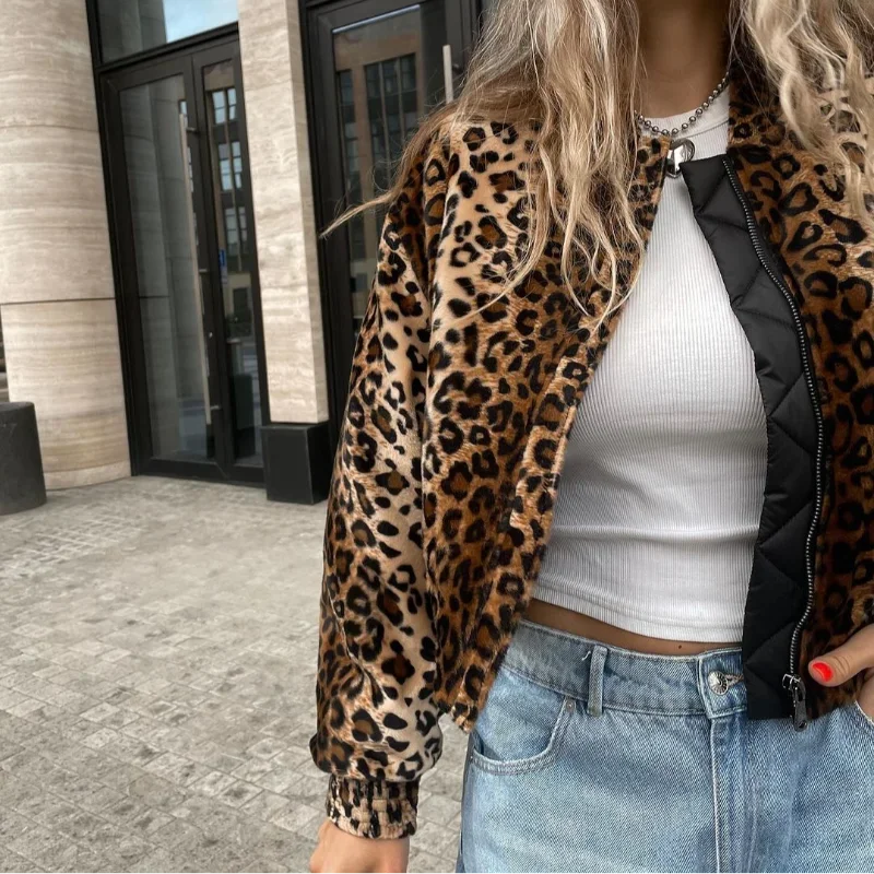 Vanity Leopard Print Zipper Long Sleeve Cropped Coat