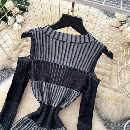 Cold Shoulder Long Sleeve Ribbed Knit Bodycon Midi Dress Elegant Fall Winter