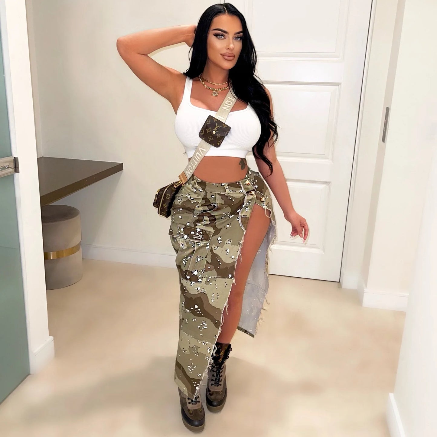 Camo Printing Casual Pockets Skirt (Split)