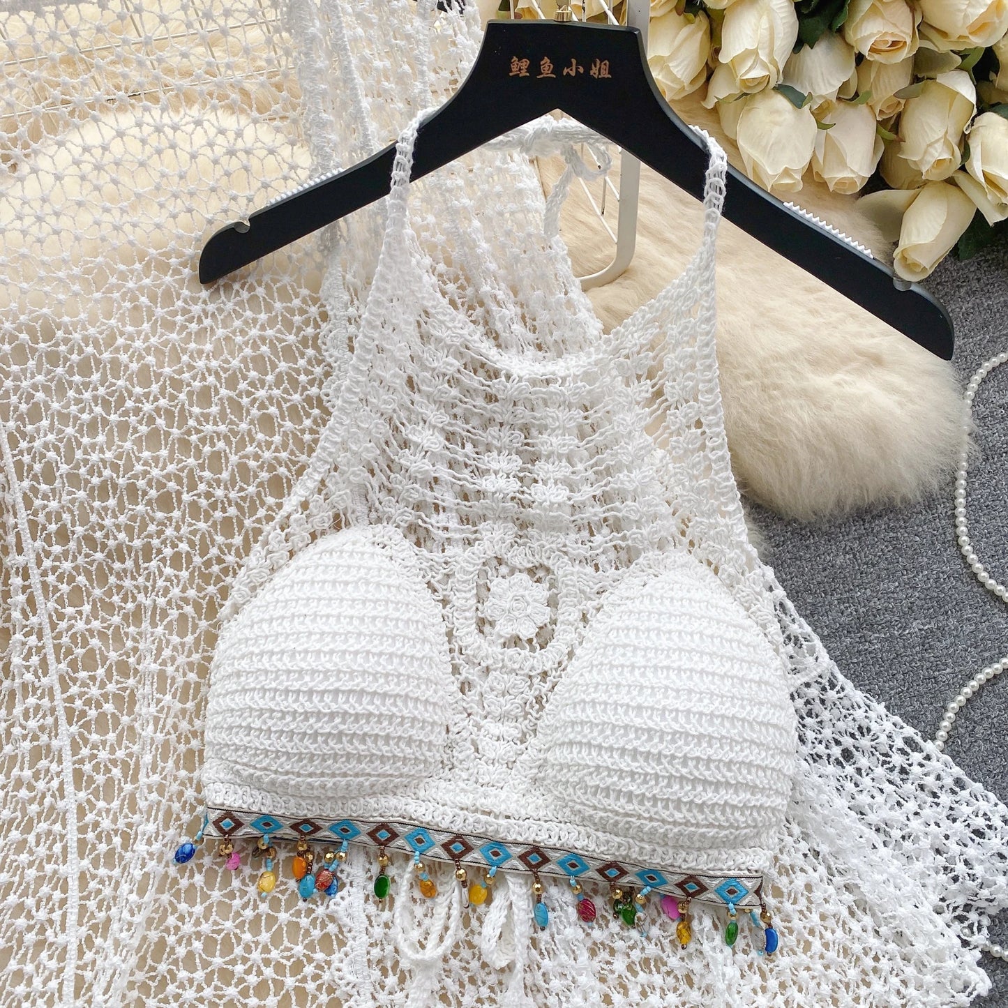 Halter Sleeveless Mini Camis + Hollow Out Cardigan + Elastic Waist Slim Skirt Vintage Swim Sets