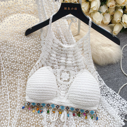 Halter Sleeveless Mini Camis + Hollow Out Cardigan + Elastic Waist Slim Skirt Vintage Swim Sets