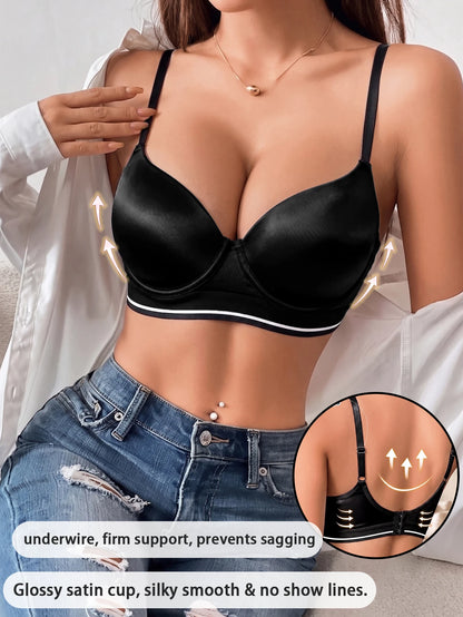 Underwire Push-Up Bra Glossy Satin U-Back Support Adjustable Straps Anti-Sagging Everyday Lingerie