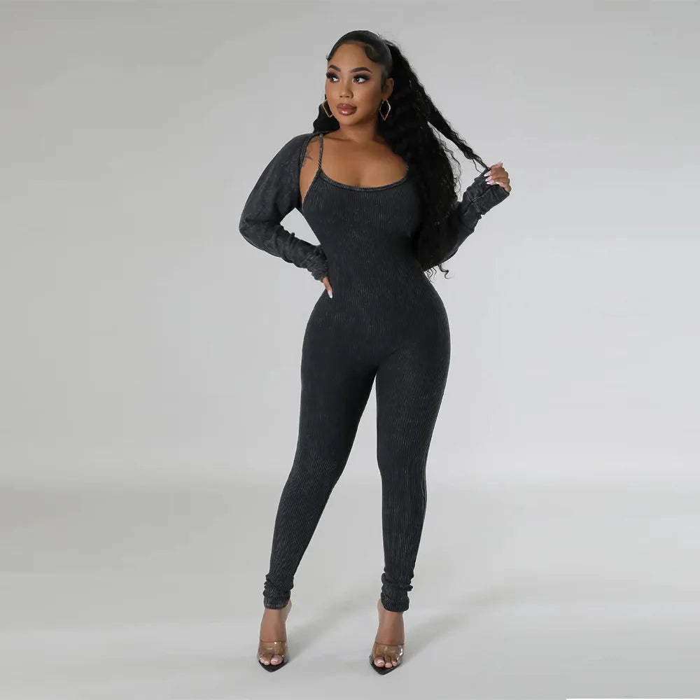 Slim Fit Jumpsuit+ Cropped Jacket (Two Piece Sets)