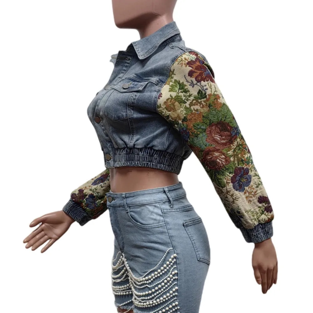 Zenzi Printed Patchwork Denim Jacket (Buttons Pocket)