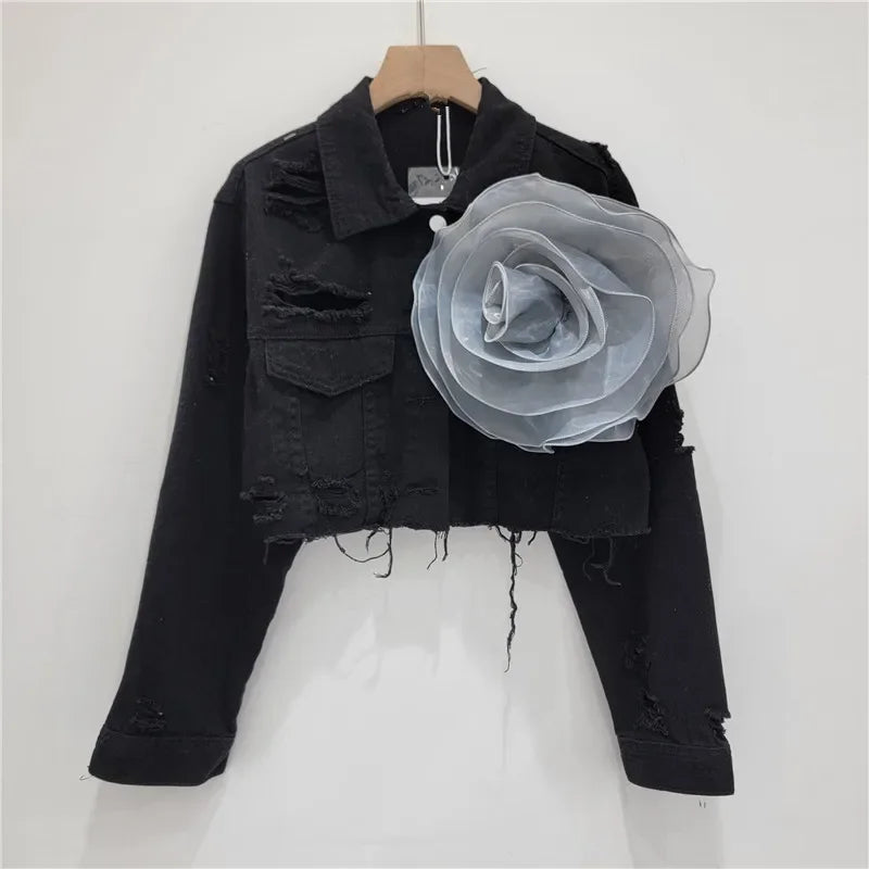 Ashana 3D Flower Washed Long Sleeve Single Breasted Denim Jacket