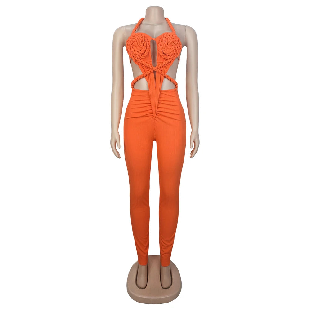Halter Neck Ribbed Ruched Backless Leggings Jumpsuits (One Piece)