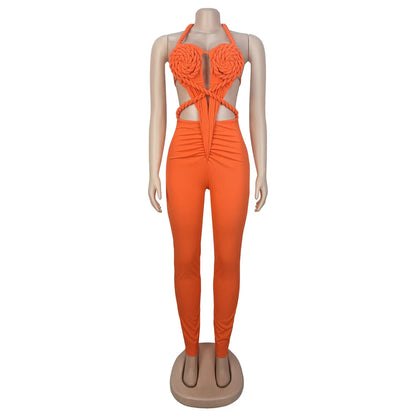 Halter Neck Ribbed Ruched Backless Leggings Jumpsuits (One Piece)