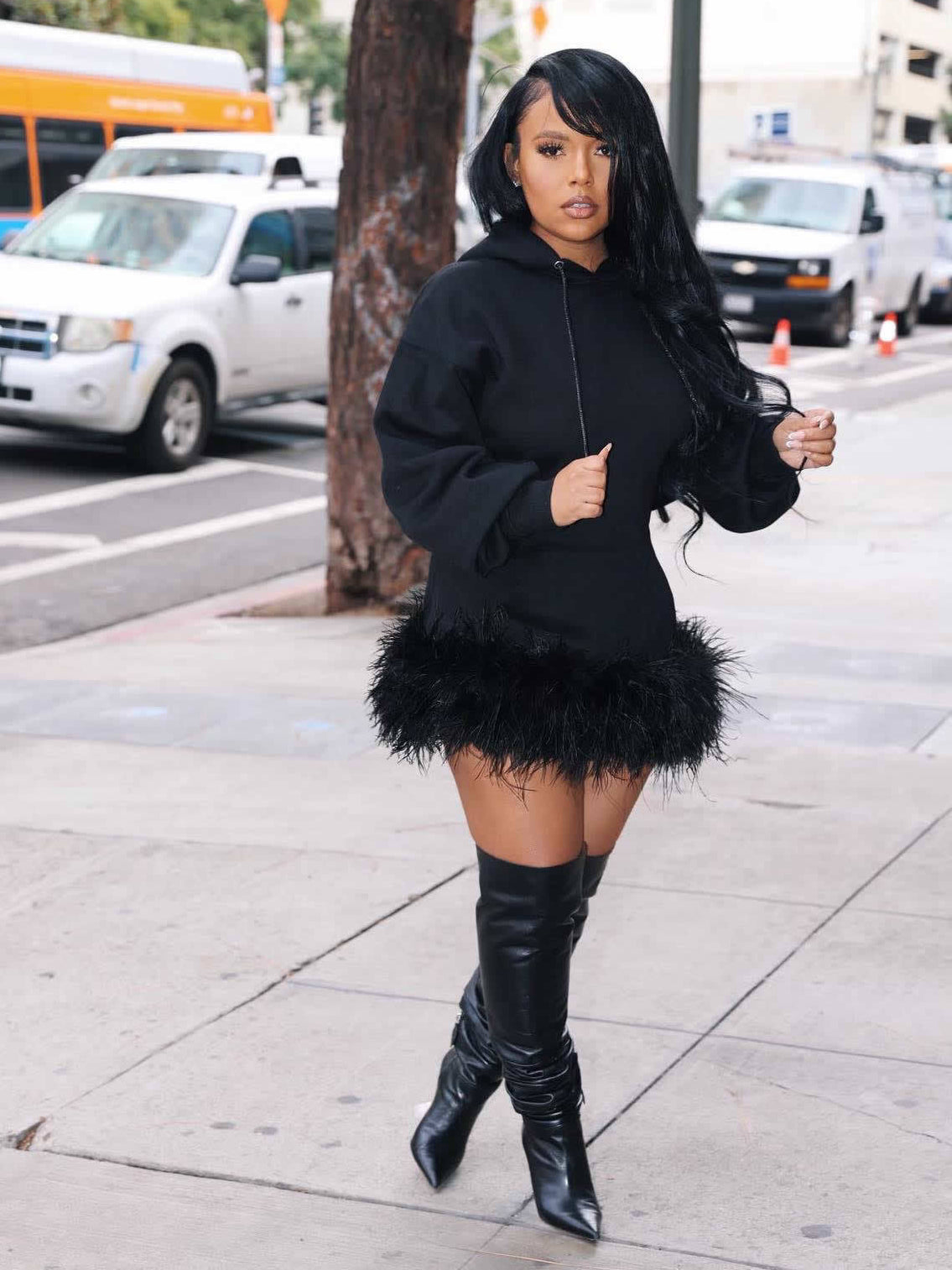 Fur Hem Hooded Sweatshirt Style Midi Dresses