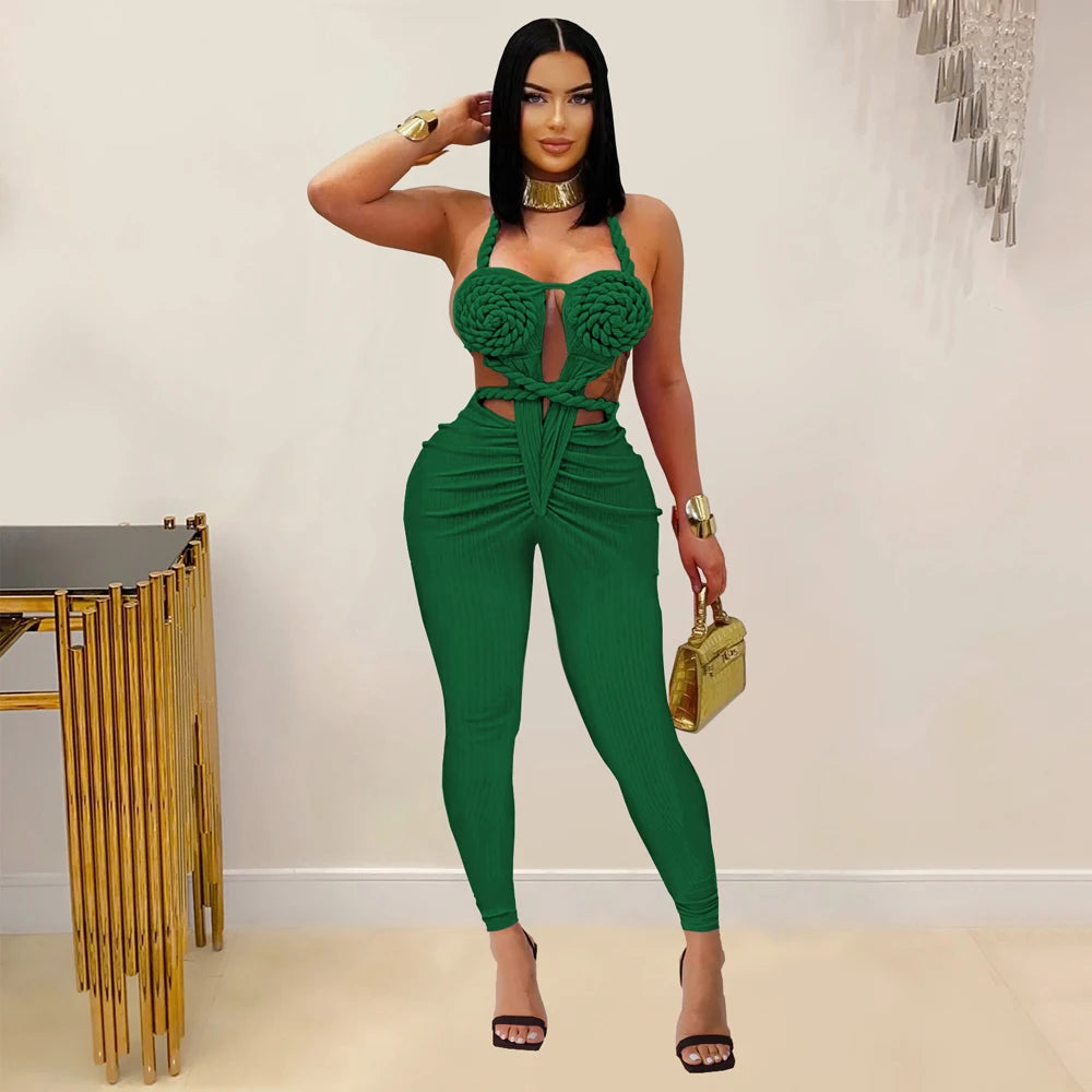 Halter Neck Ribbed Ruched Backless Leggings Jumpsuits (One Piece)