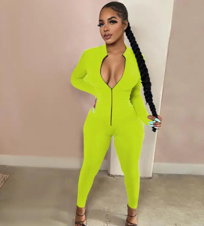 Deep V Bodycon Rompers Womens Jumpsuit Sport Suit Fashion Zip Up Long Pants Overalls Fitness Set