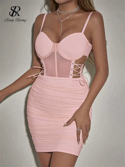 Strapless Lace Up Hollow Out Design Pleated Bodycon Dresses