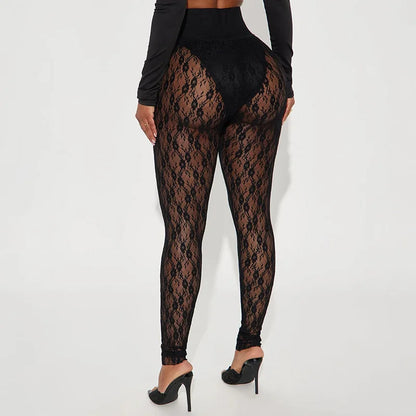 Joskaa Women's Jacquard  Lace Leggings Patchwork Sexy See Through High Waist Pencil Pants Female Bottoms Midnight Party Clubwear
