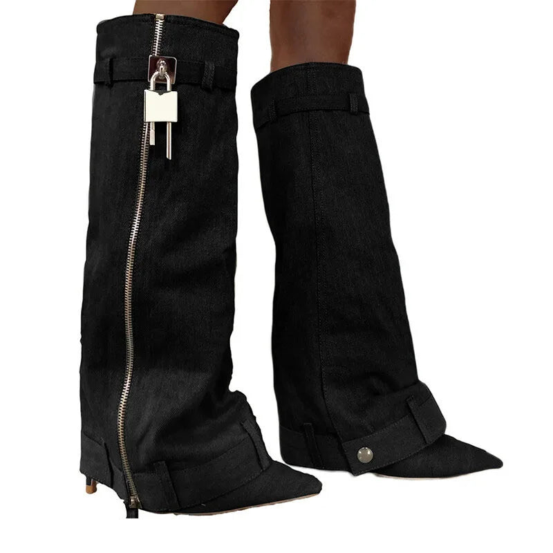 Tamar Thin heel Metal buckle Knee High Turned-over Edge Boots