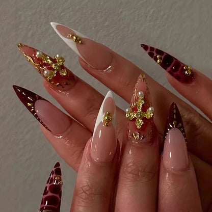 24Pcs Short Almond Fake Nails Butterfly Wings Nail Art with Glue Glitter Flower False Nails Acrylic Autumn Winter Press on Nail