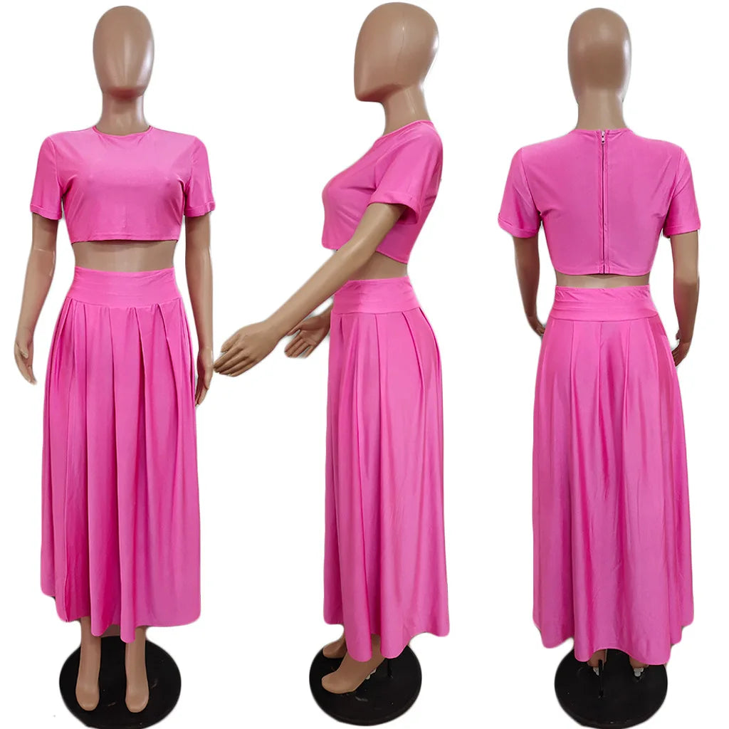 Suhiaqe Short-sleeved Crop Tops + Maxi Split Skirts Solid Color Matching Outfits