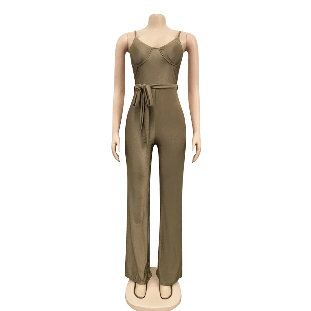 Rachel High Waisted Wide Leg Pants One Piece Sleeveless Jumpsuit with Belt