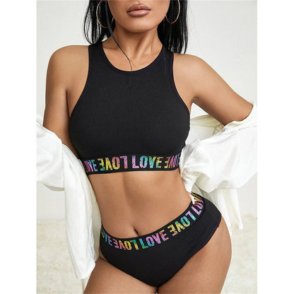 Love Letter Tank Crop Tops Gym Sport Bra  + Briefs Underwear Set ropa interior sexi mujer