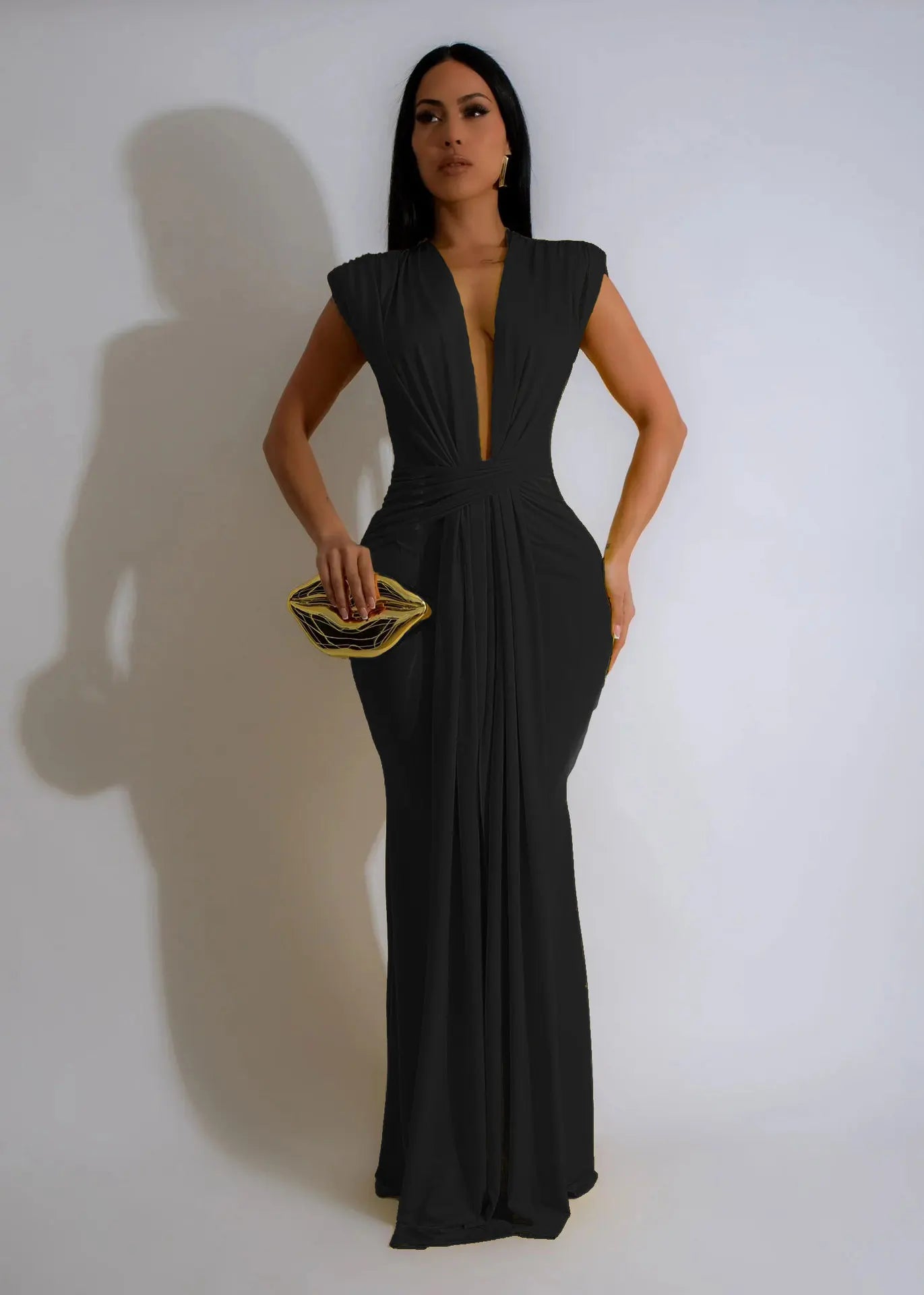 Shaniia Sleeveless Deep V Waist Stretch Elegant MIDI Long Evening Dress