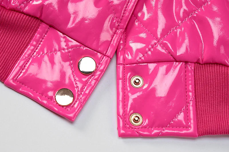 Cute Women Shiny Pink PU Leather Puffer Jacket High Waist Slim Bubble Coats Single Breasted Jackets Leather Cropped Outcoats New