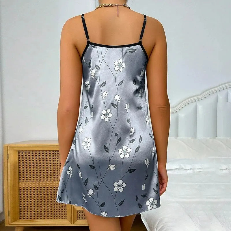 Satin Floral Print Comfortable Spaghetti Strap Nightdress