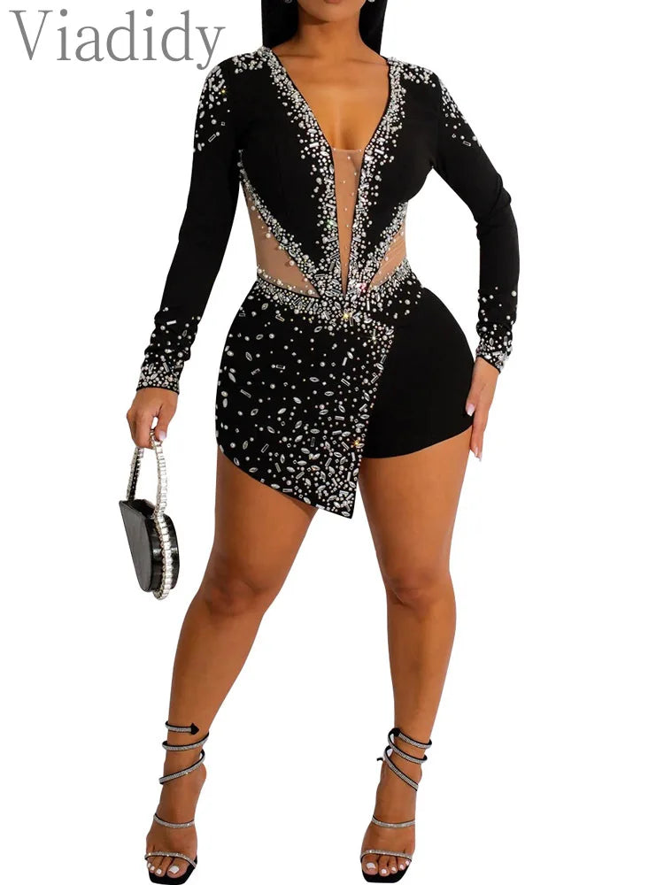 Regina V-Neck Mesh Rhinestone Skinny Long Sleeve Playsuits