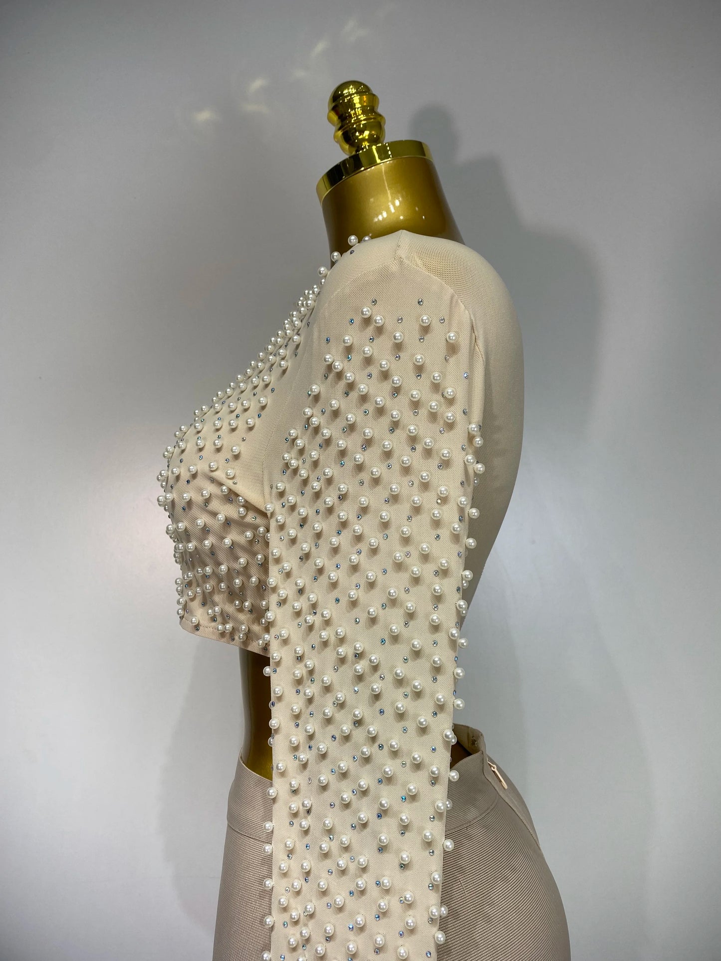 Celebrity Long Sleeve Mesh Pearl Top + Midi Skirt Sets