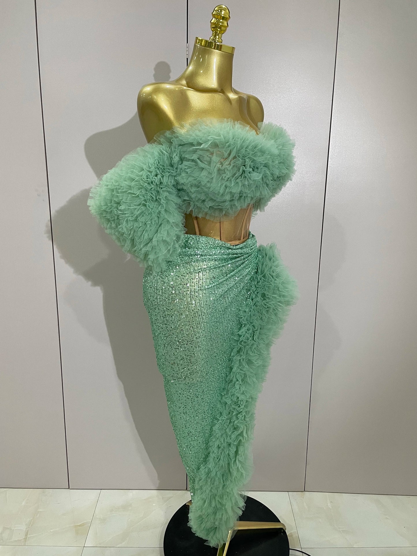 Shiny Sequins Top + Short Skirt Celebrate Evening Prom Birthday Party Dress Nightclub Stage Outfit