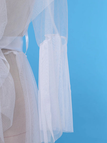 Ruffled Trim Long Tulle Robe Femme Nightwear Nightdress