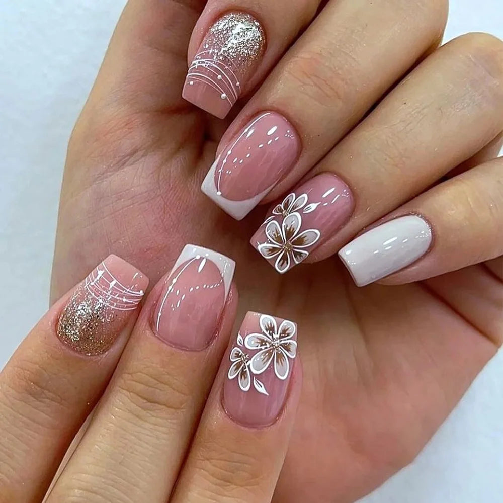 24pcs Mid-length Press on Nails Pink French Full Cover Flower Design Fake Nail Reusable Pearl False Nail with Jelly Glue Nails