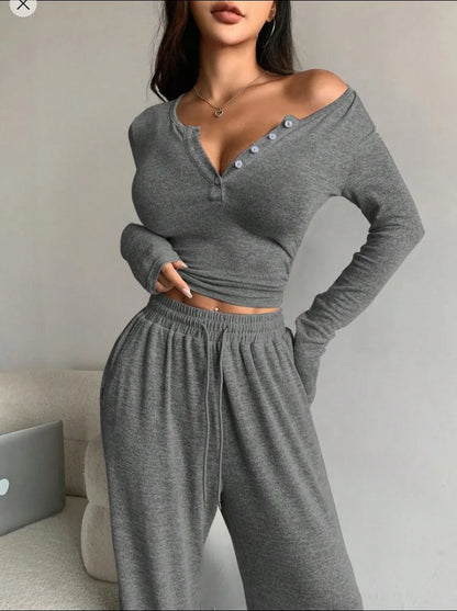 Long Sleeve Button Solid Color Top + Trousers Two Piece Sets